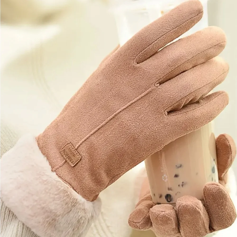 Gloves for Women, NEW, Khaki Color, Faux Fur, Feminine